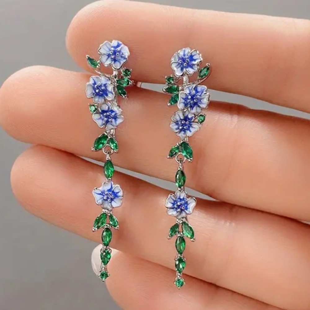 Cascading Flowers on a Vine with Emerald Leaves Silver Tone Stud Earrings